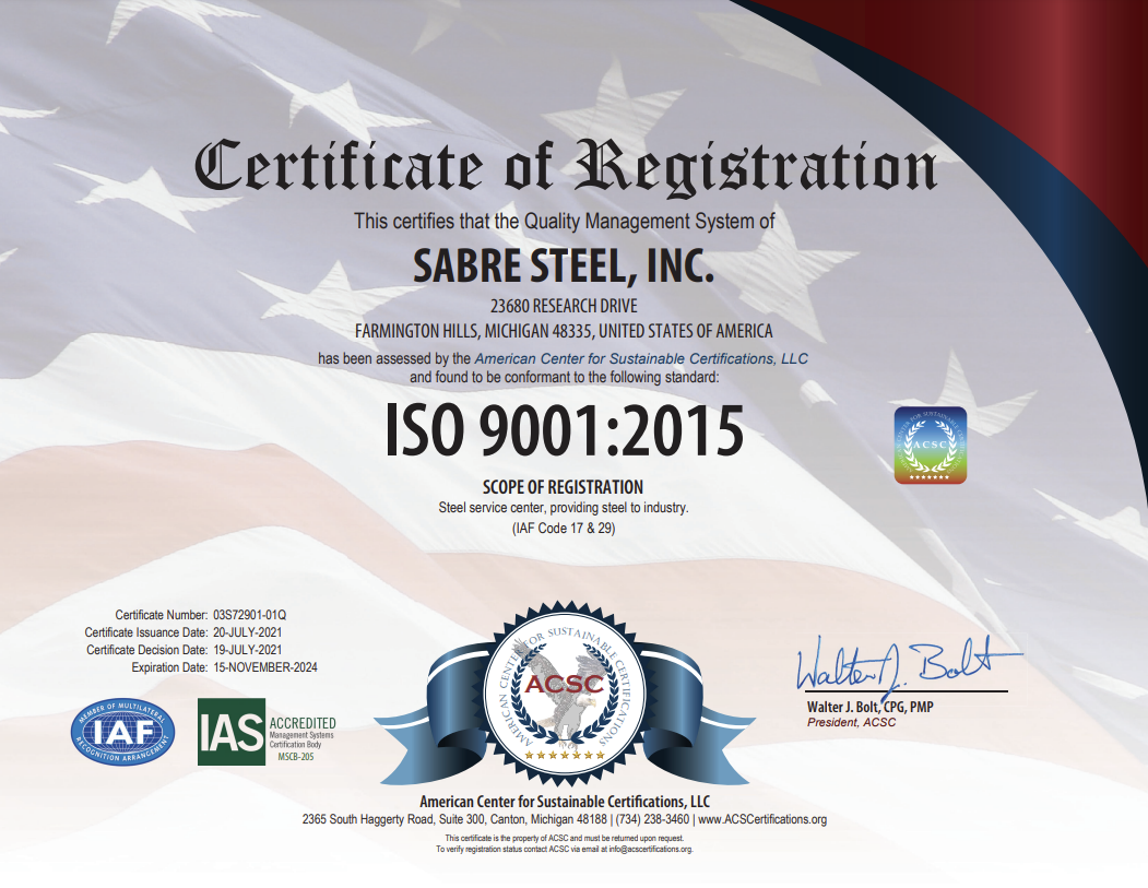 Sabre Steel ISO Certification